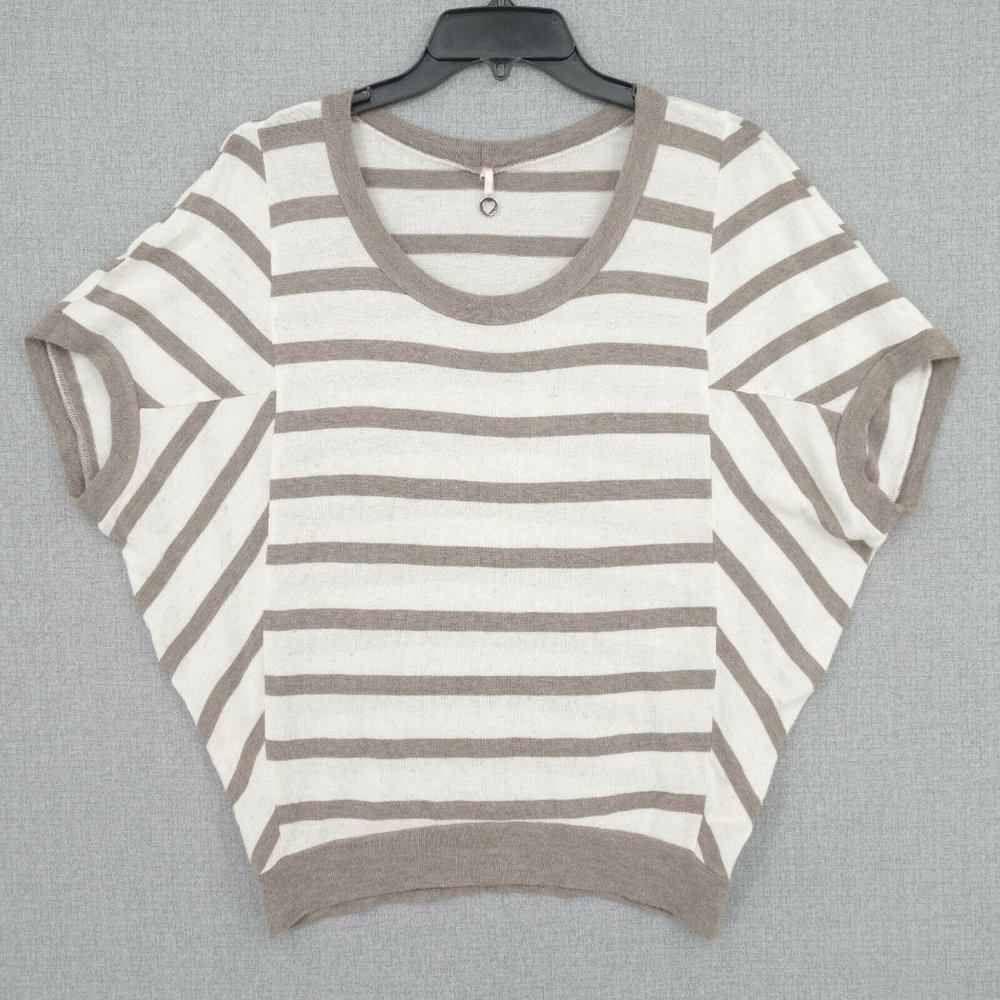 Robin K Blouse Womens Small Tan White Striped Linen Blend Scoop Neck Stretch